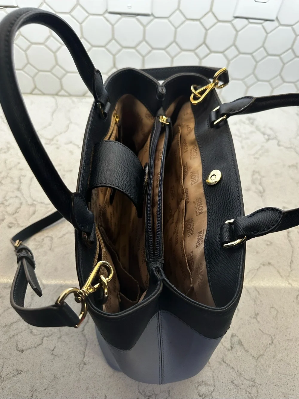 Michael Kors Light Blue and Black Saffiano Leather Satchel